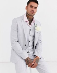ASOS DESIGN wedding slim suit jacket in windowpane check in ice gray