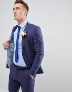 ASOS DESIGN wedding super skinny suit jacket in indigo linen-Navy
