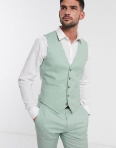 ASOS DESIGN wedding super skinny suit suit vest in stretch cotton linen in mint green