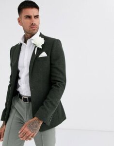 ASOS DESIGN wedding super skinny wool mix blazer with puppy tooth in khaki-Green