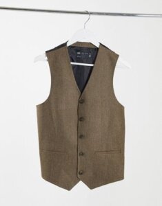 ASOS DESIGN wedding super skinny wool mix suit suit vest in camel herringbone-Beige