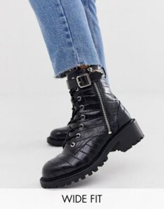 ASOS DESIGN Wide Fit Anya hardware lace up ankle boots in black croc