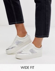 ASOS DESIGN Wide Fit Detect flatform sneakers in white and silver