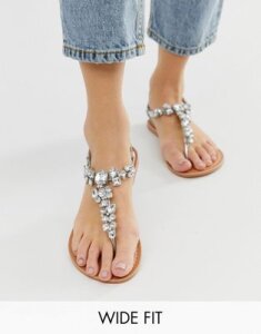 ASOS DESIGN Wide Fit Fairgame leather embellished flat sandals-Silver