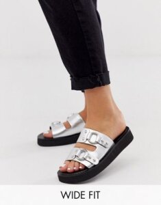 ASOS DESIGN Wide Fit Ficton leather hardware flat sandals in silver