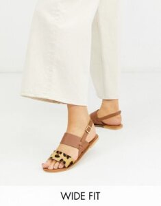 ASOS DESIGN Wide Fit Foxglove leather flat sandals in leopard-Tan