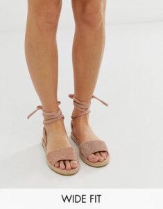 ASOS DESIGN Wide Fit Jamila rhinestone tie leg espadrille sandals in rose gold