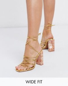 ASOS DESIGN Wide Fit Nourish strappy sandals with marble heel in gold