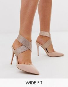 ASOS DESIGN Wide Fit Payback elastic high heels in beige and glitter