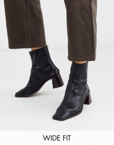 ASOS DESIGN Wide Fit Riverside premium leather kitten heel sock boots in black