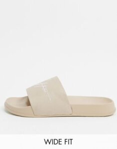 ASOS DESIGN Wide Fit sliders in gray with dark future logo