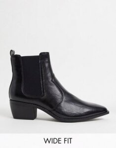 ASOS DESIGN Wide Fit stacked heel western chelsea boots in black faux leather with angular sole