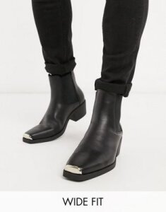 ASOS DESIGN Wide Fit stacked heel western chelsea boots in black faux leather with metal hardware