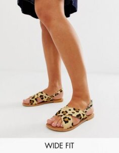 ASOS DESIGN Wide Fit Valid leather cross strap flat sandals in leopard-Multi