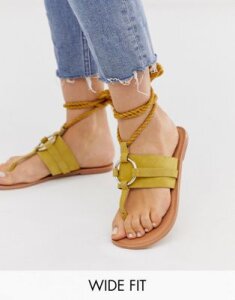 ASOS DESIGN Wide Fit Vantage leather ring detail tie leg flat sandals in mustard-Tan