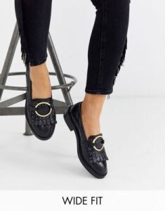 ASOS DESIGN Wide Fit Varies leather ring detail loafer in black-Multi