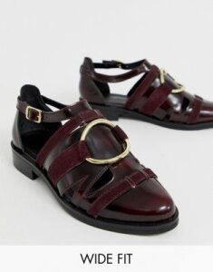 ASOS DESIGN Wide Fit Villa premium leather flat shoes in burgundy-Red
