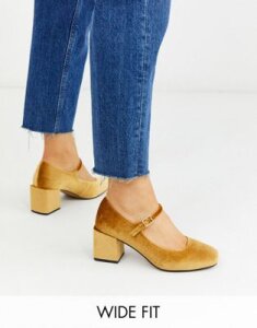 ASOS DESIGN Wide Fit Willing mary-jane block heels in ochre velvet-Yellow
