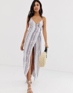 ASOS DESIGN Woven Stripe V Wrap Maxi Beach Dress-Multi