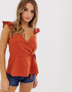 ASOS DESIGN wrap front cami top with ruffle strap in linen-Orange