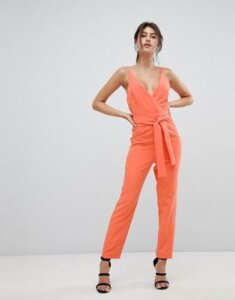 ASOS DESIGN Wrap Front Jumpsuit With Peg Leg And Self Belt-Orange