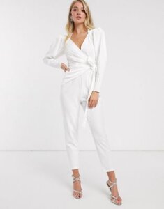ASOS DESIGN wrap front jumpsuit with shoulder pad detail-White