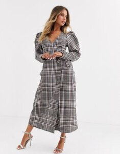 ASOS DESIGN wrap maxi dress with puff sleeves in check-Multi