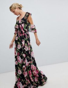 ASOS DESIGN Wrap Maxi Dress With Ruffles In Dark Floral Print-Multi