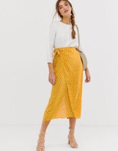 ASOS DESIGN wrap maxi skirt with tie front in yellow polka dot-Multi
