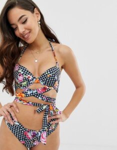 ASOS DESIGN wrap plunge bikini top in textured floral gingham print-Multi