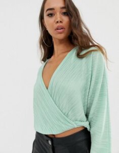 ASOS DESIGN wrap top in plisse with batwing sleeve-Green