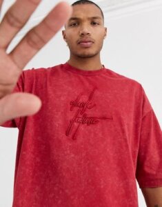 ASOS DESIGN x Dark Future oversized heavyweight t-shirt with nibbled neck and dark future logo in wash-Red