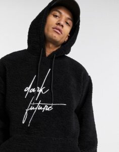 ASOS DESIGN x Dark Future oversized hoodie in black teddy borg with embroidery logo