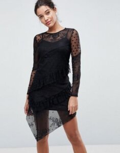 ASOS Dobby Mesh and Lace Mix Dress With Frill Skirt-Black