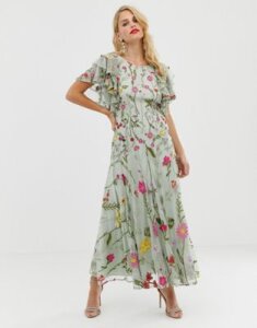 ASOS EDITION bloombox midaxi dress with frill sleeve-Pink