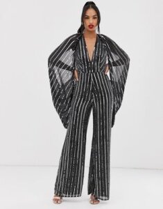 ASOS EDITION cape sleeve jumpsuit in sequin stripe-Black