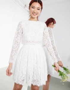 ASOS EDITION crop top lace mini wedding dress-White