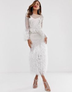 ASOS EDITION embellished showgirl midi dress with faux feathers-White