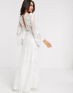 ASOS EDITION embroidered wedding dress blouson sleeve-White