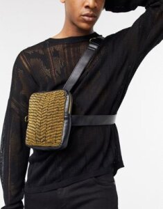 ASOS EDITION faux leather harness bag with gold beading-Black
