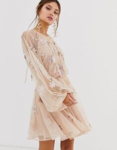 ASOS EDITION floral beaded mesh dress with balloon sleeve-Pink