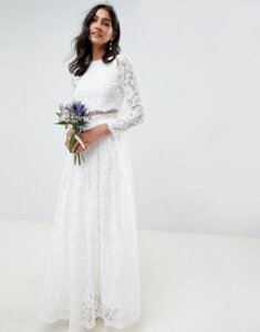 ASOS EDITION lace long sleeve crop top maxi wedding dress-White
