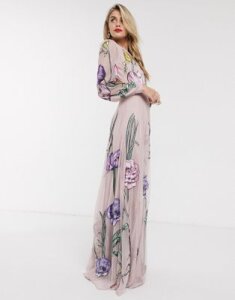ASOS EDITION maxi dress with cut out back and oversized floral embroidery-Pink