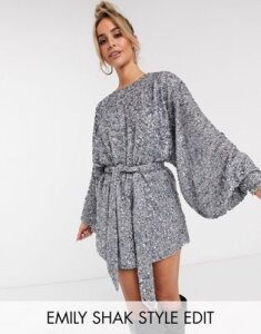 ASOS EDITION oversized blouson sleeve mini dress in mixed sequin-Gray