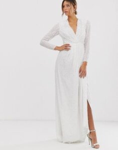 ASOS EDITION pleated plunge wrap wedding dress in sequin-White