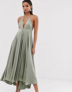 ASOS EDITION plunge cami midi dress with full skirt-Green