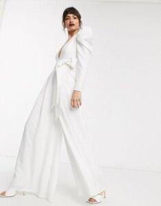 ASOS EDITION plunge wide leg jumpsuit with open back-White