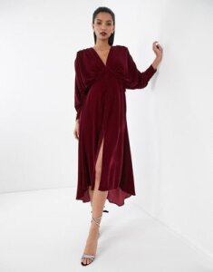 ASOS EDITION ruched batwing dress in velvet-Red