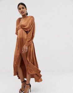 ASOS EDITION ruched batwing midi dress in satin-Beige