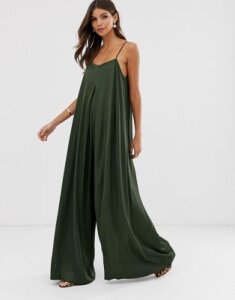 ASOS EDITION satin pleat front jumpsuit with extreme wide leg-Green